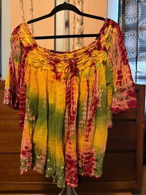 Bohemian Tie-Dye Off-Shoulder Peasant Top in Yellow, Green & Pink